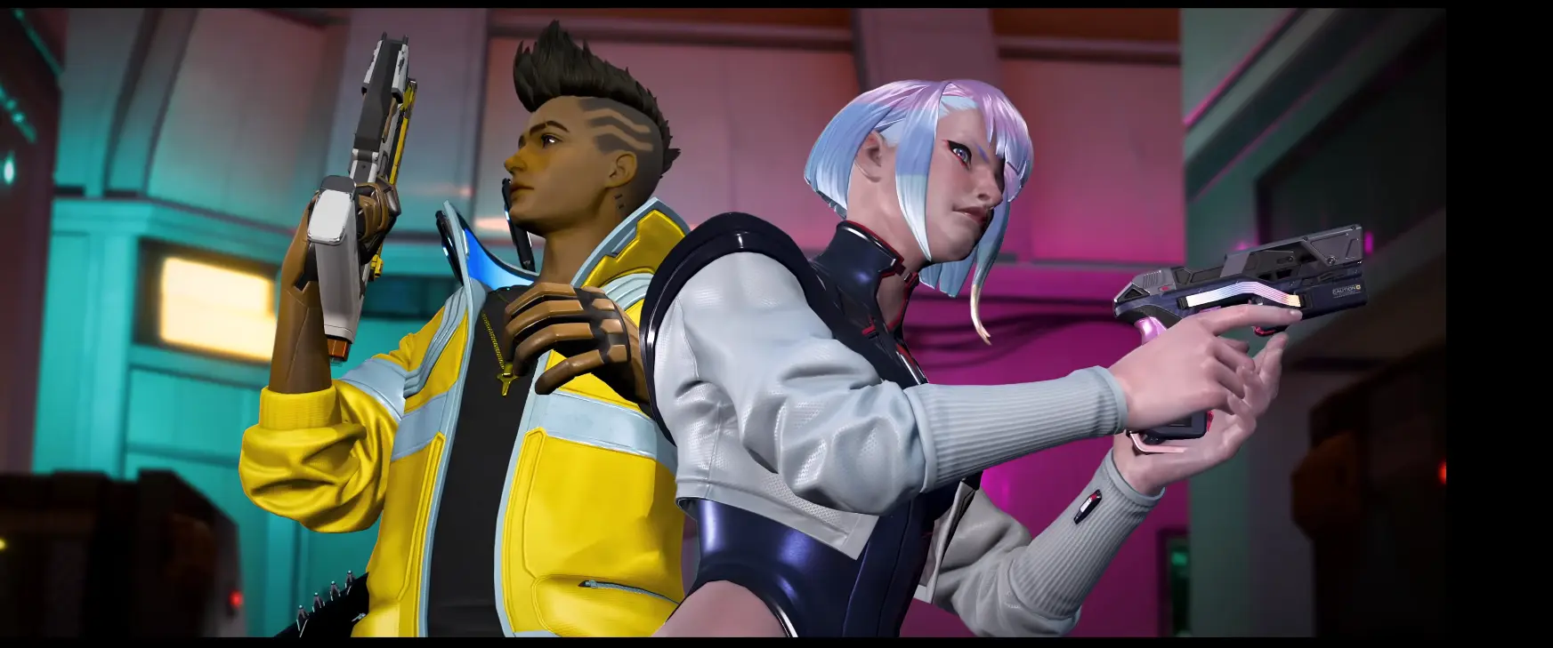 Dos Leyendas de Apex Legends con skins inspiradas en Cyberpunk 2077, empuñando pistolas en un interior iluminado con neón al estilo Night City