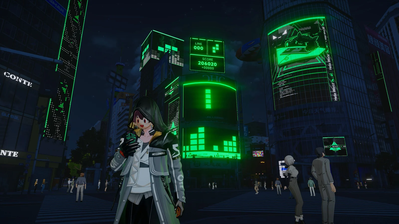 Distrito nocturno de Ananta iluminado por gigantescas pantallas de neón verde