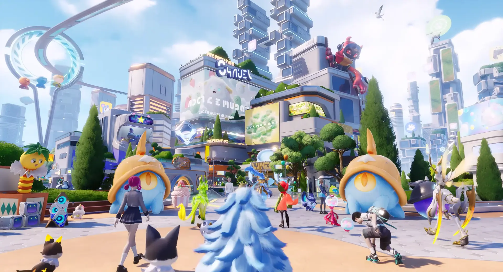 Grupo de criaturas de Aniimo junto a su entrenador en un entorno de mundo abierto de estilo anime