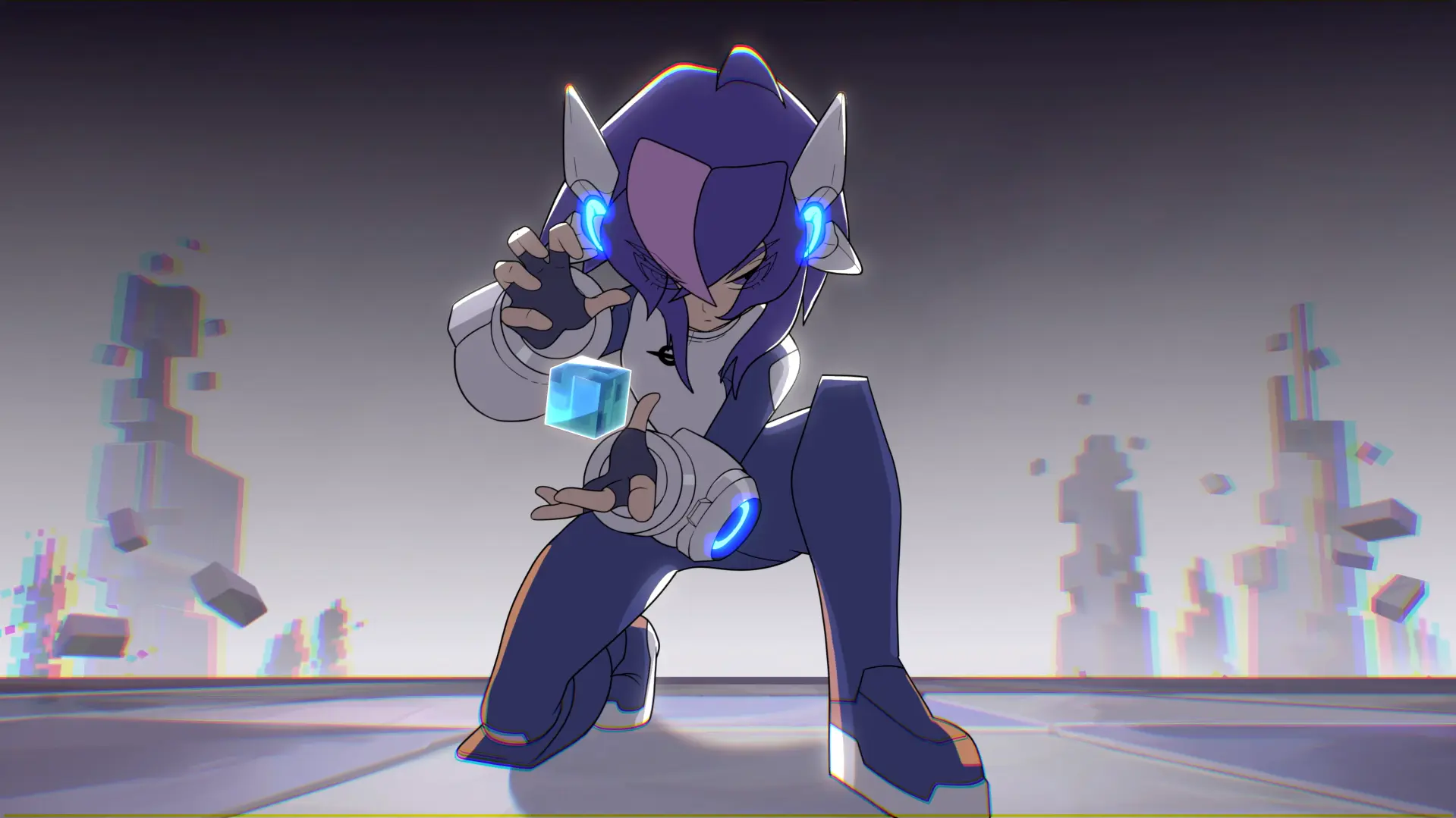 La androide protagonista de Ascend to Zero sosteniendo un cubo digital brillante en un mundo que se descompone en bloques