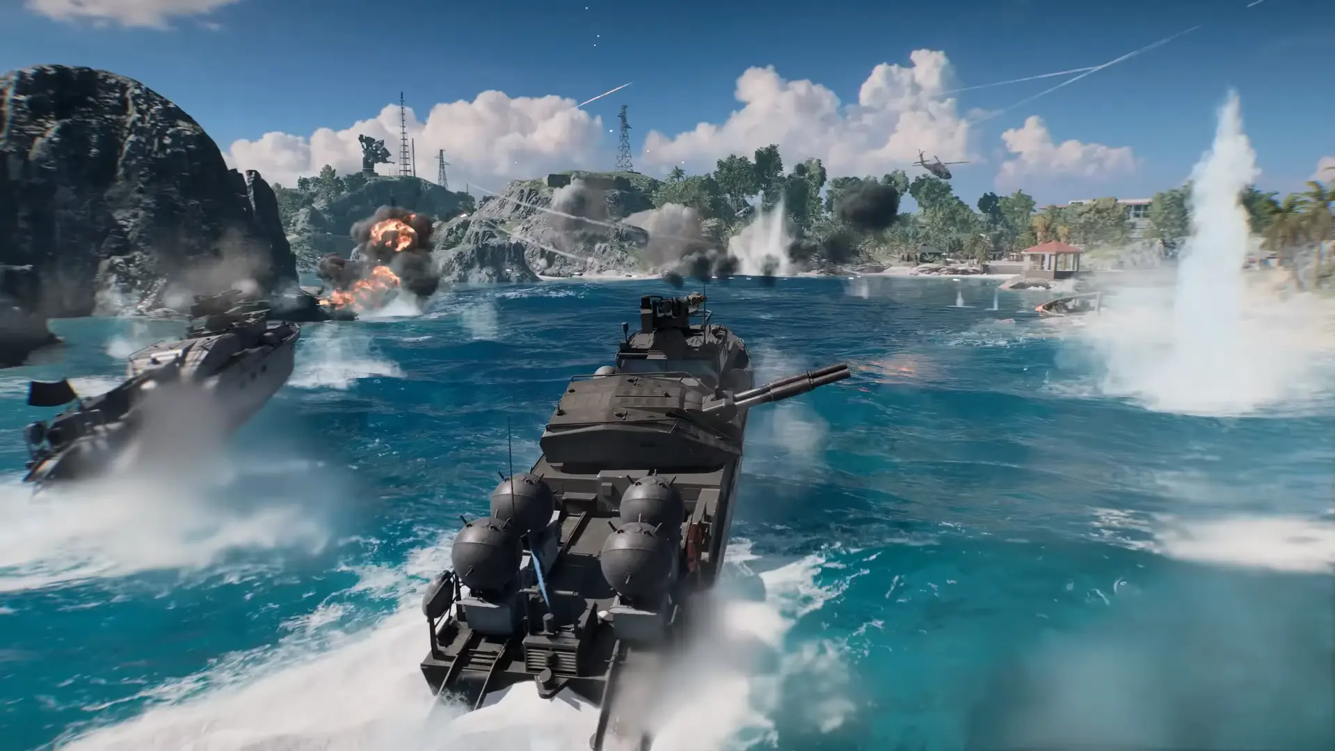 Lanchas de asalto de Battlefield 6 cruzando una bahía tropical entre explosiones
