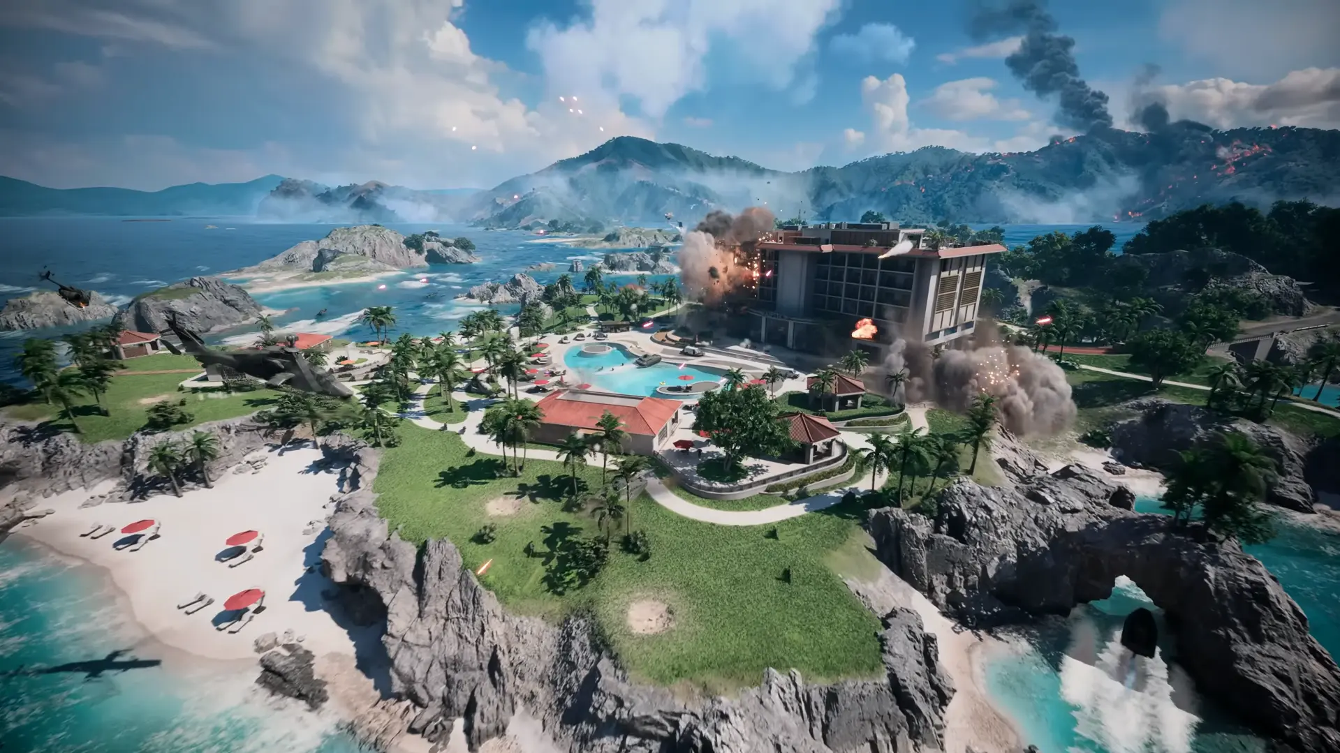 Vista aérea del mapa isla de Battlefield 6 con un resort junto al mar siendo bombardeado