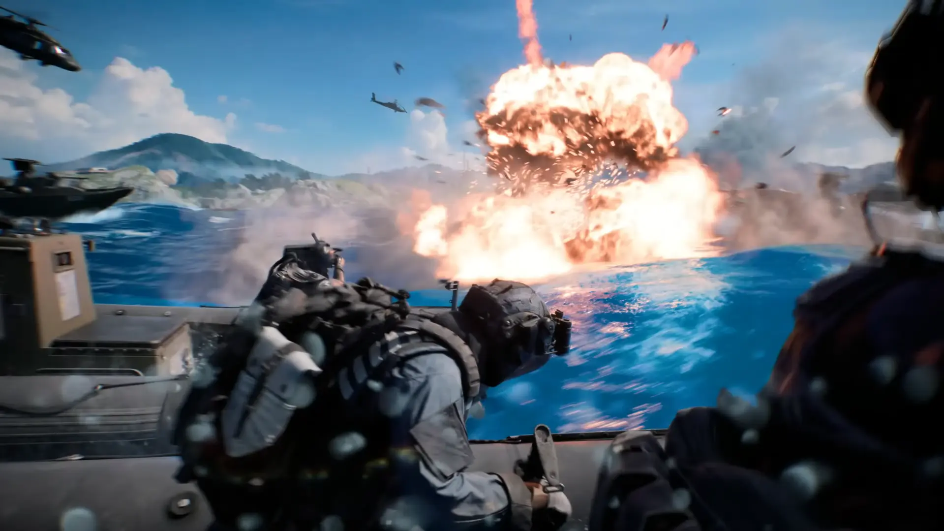 Soldados de Battlefield 6 disparando desde una lancha ante una gran explosión en el mar