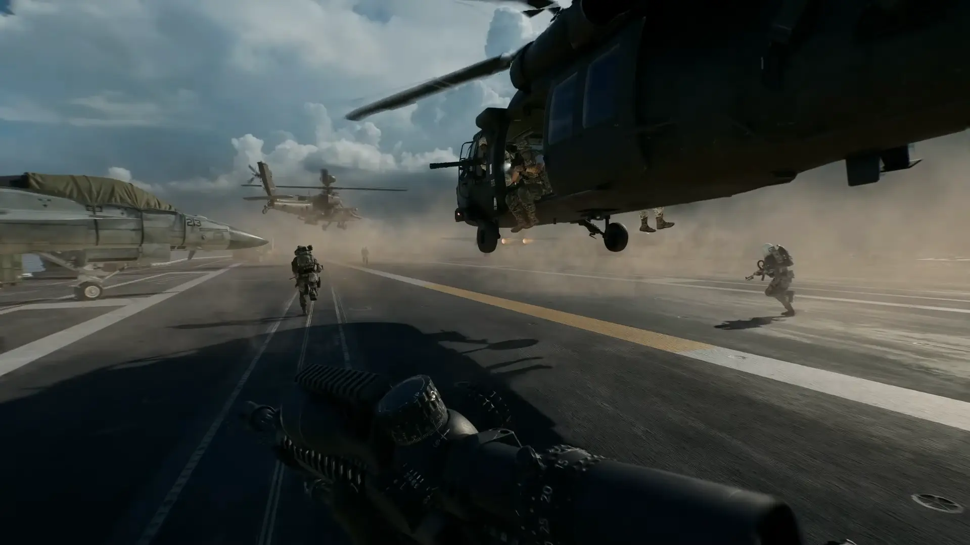 Cubierta de un portaaviones en Battlefield 6 con helicópteros despegando y soldados corriendo