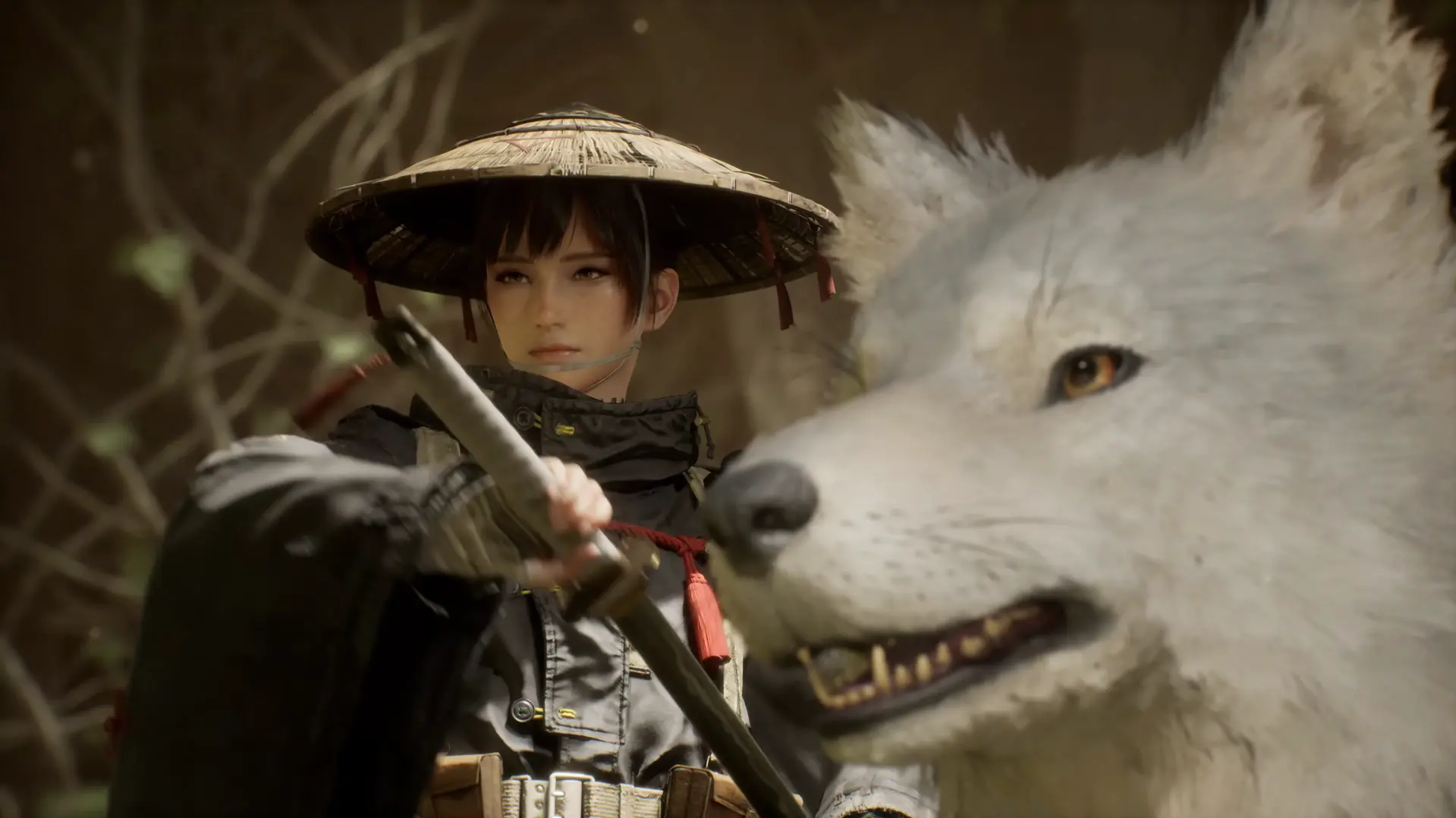Emma, la protagonista de Beast of Reincarnation, con sombrero de paja junto a su enorme lobo blanco aliado en un bosque