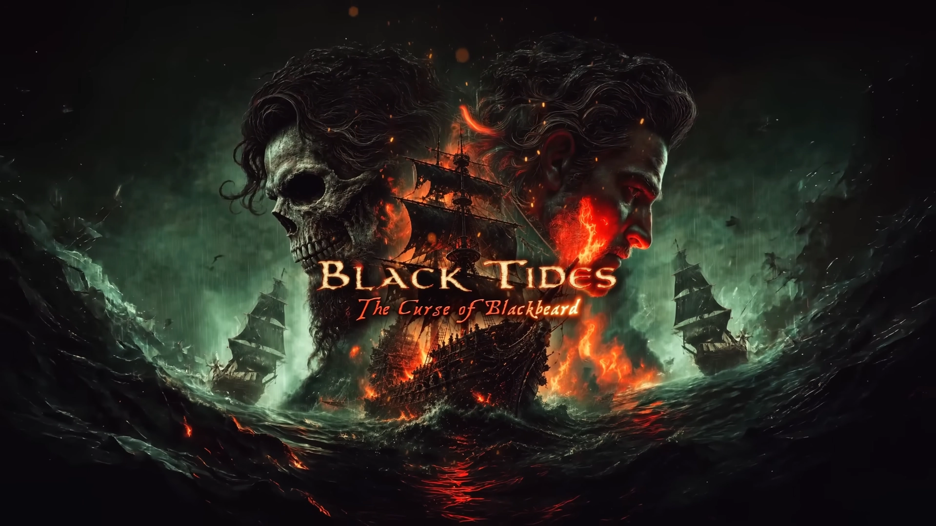 Arte oficial de Black Tides: The Curse of Blackbeard con una calavera, un rostro y barcos ardiendo en un mar embravecido