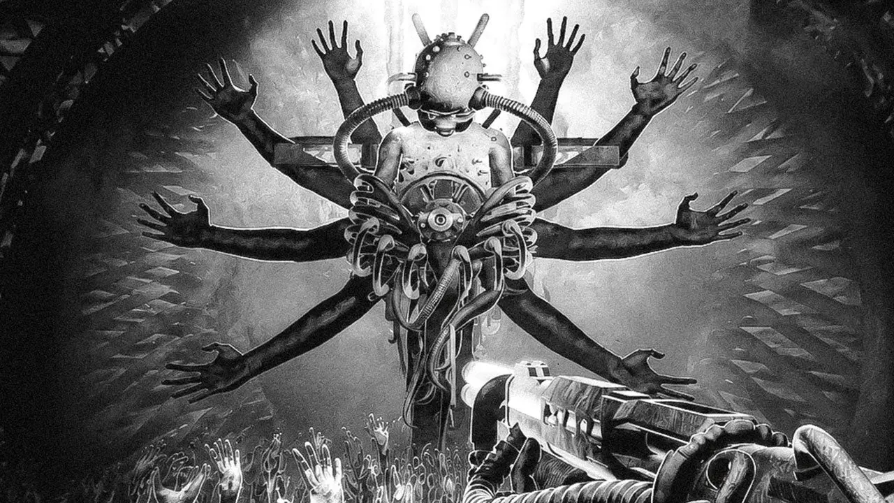 Arte de Blast Vein en blanco y negro: una figura de muchos brazos rodeada de manos alzadas, vista desde el punto de mira de un arma