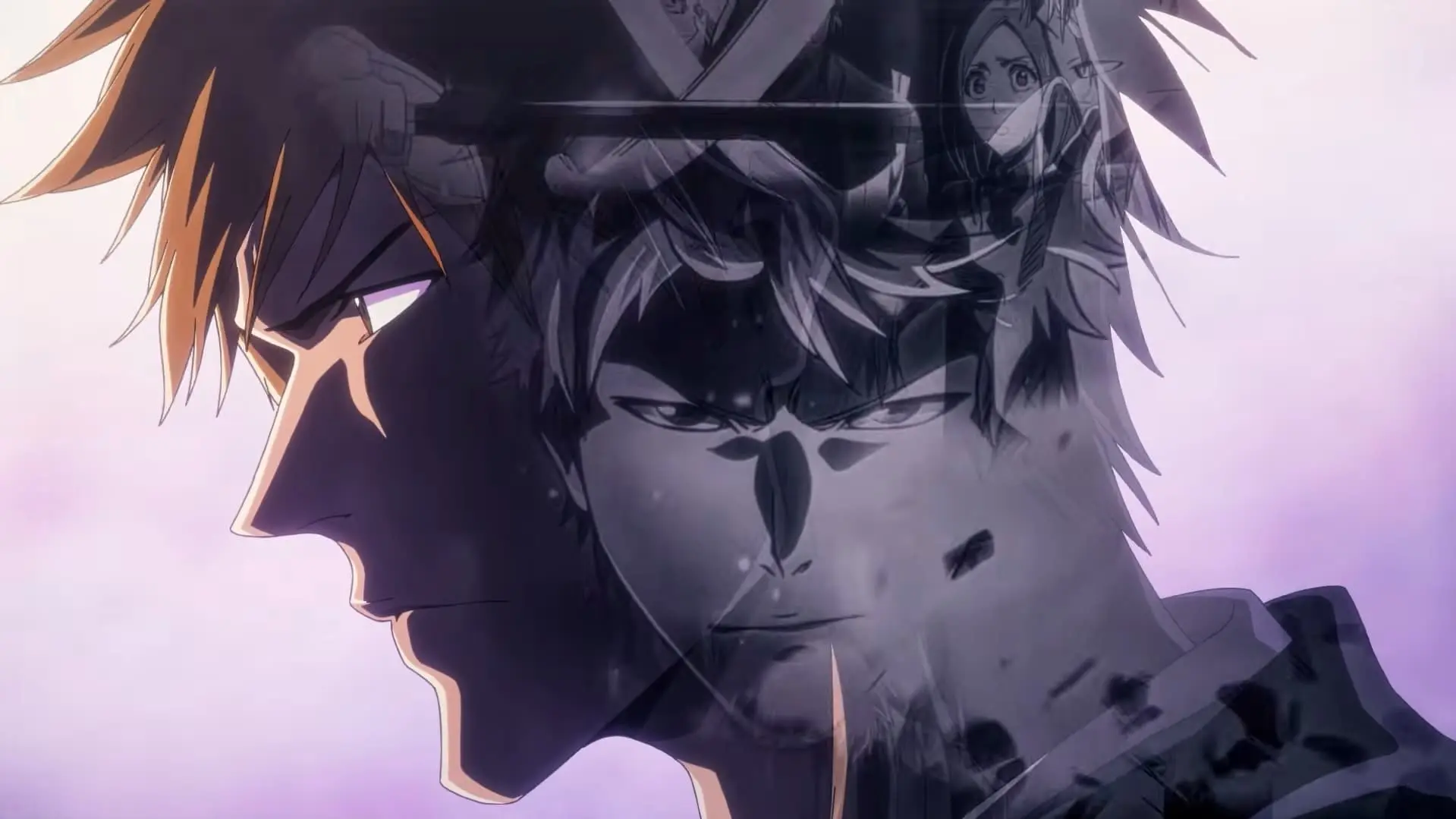 Ichigo Kurosaki de perfil con las siluetas de los nuevos personajes detrás, en el tráiler de BLEACH: Mirrors High