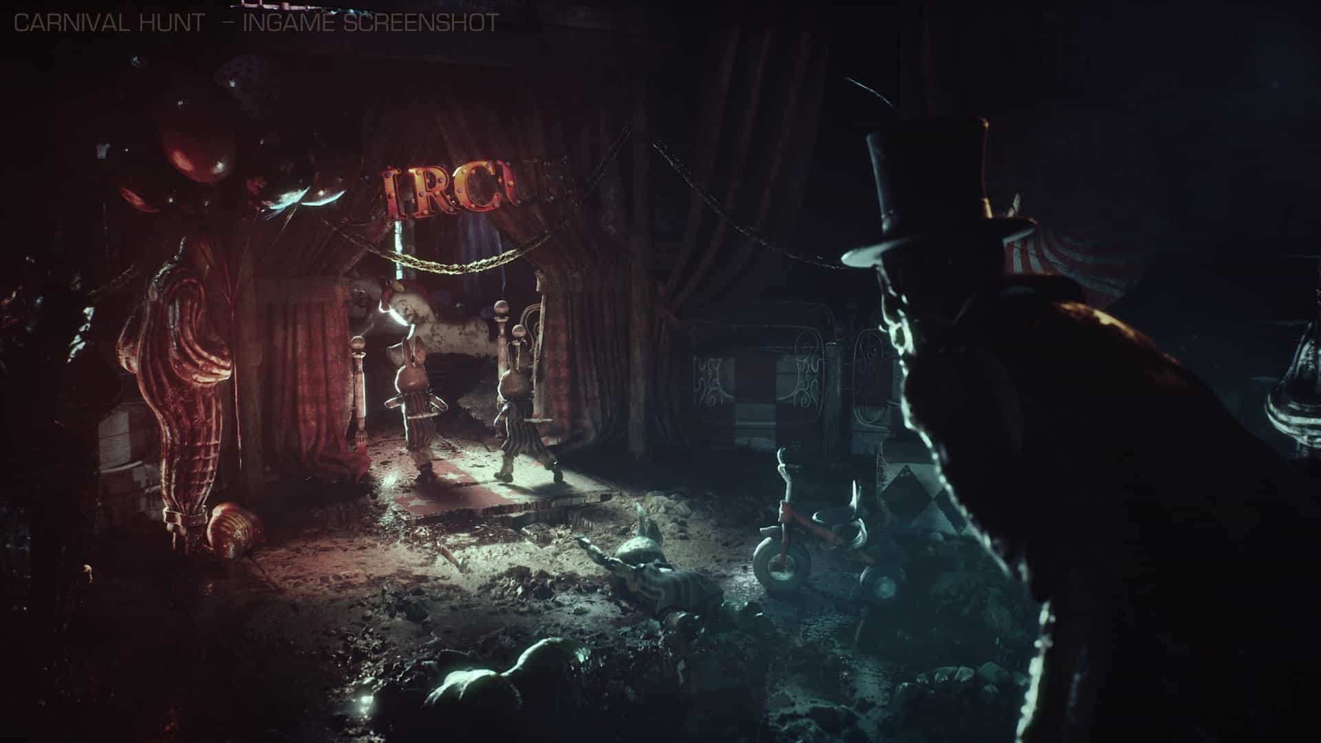 Dos Bunnies cruzan la entrada de una carpa de circo abandonada mientras una figura con sombrero de copa los observa desde las sombras