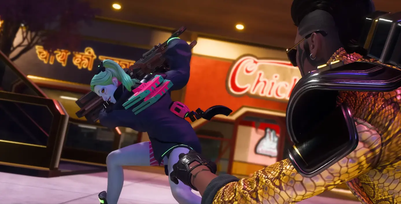Leyenda de Apex Legends con estética Cyberpunk deslizándose ante un rival con traje dorado en una calle nocturna llena de letreros de neón