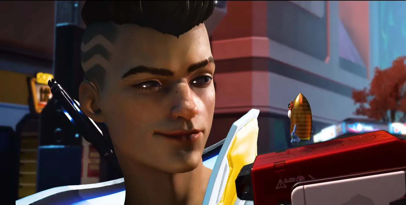 Primer plano de una Leyenda de Apex Legends con una skin del crossover de Cyberpunk mostrando su arma temática