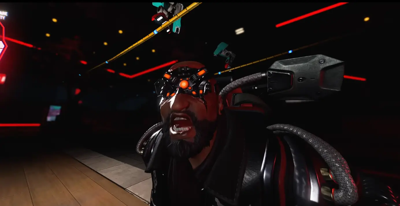 Leyenda de Apex Legends con un implante cibernético naranja en el rostro, al estilo Cyberpunk, dentro de un club iluminado con neón rojo