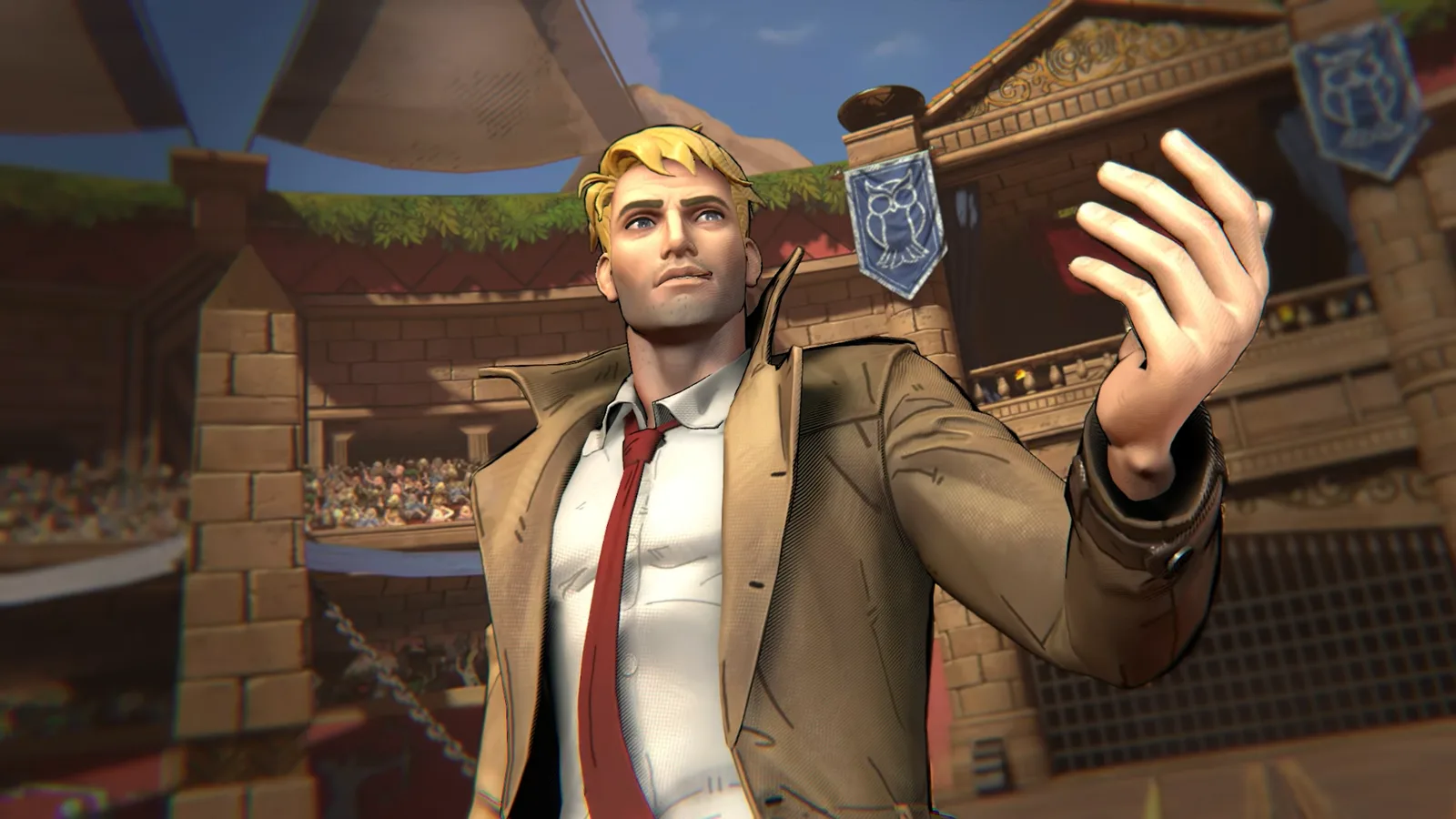 John Constantine con su gabardina y corbata roja mirándose la mano en una arena de combate con estandartes de búho en DCKO
