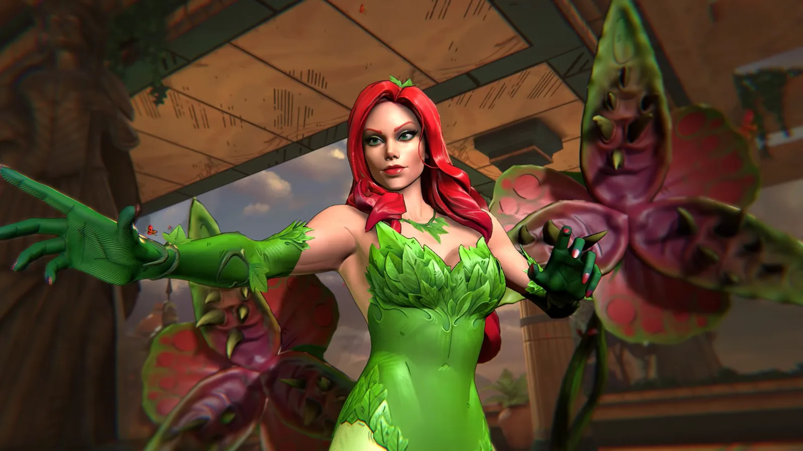 Poison Ivy con su vestido de hojas extendiendo los brazos junto a dos plantas carnívoras gigantes en DCKO