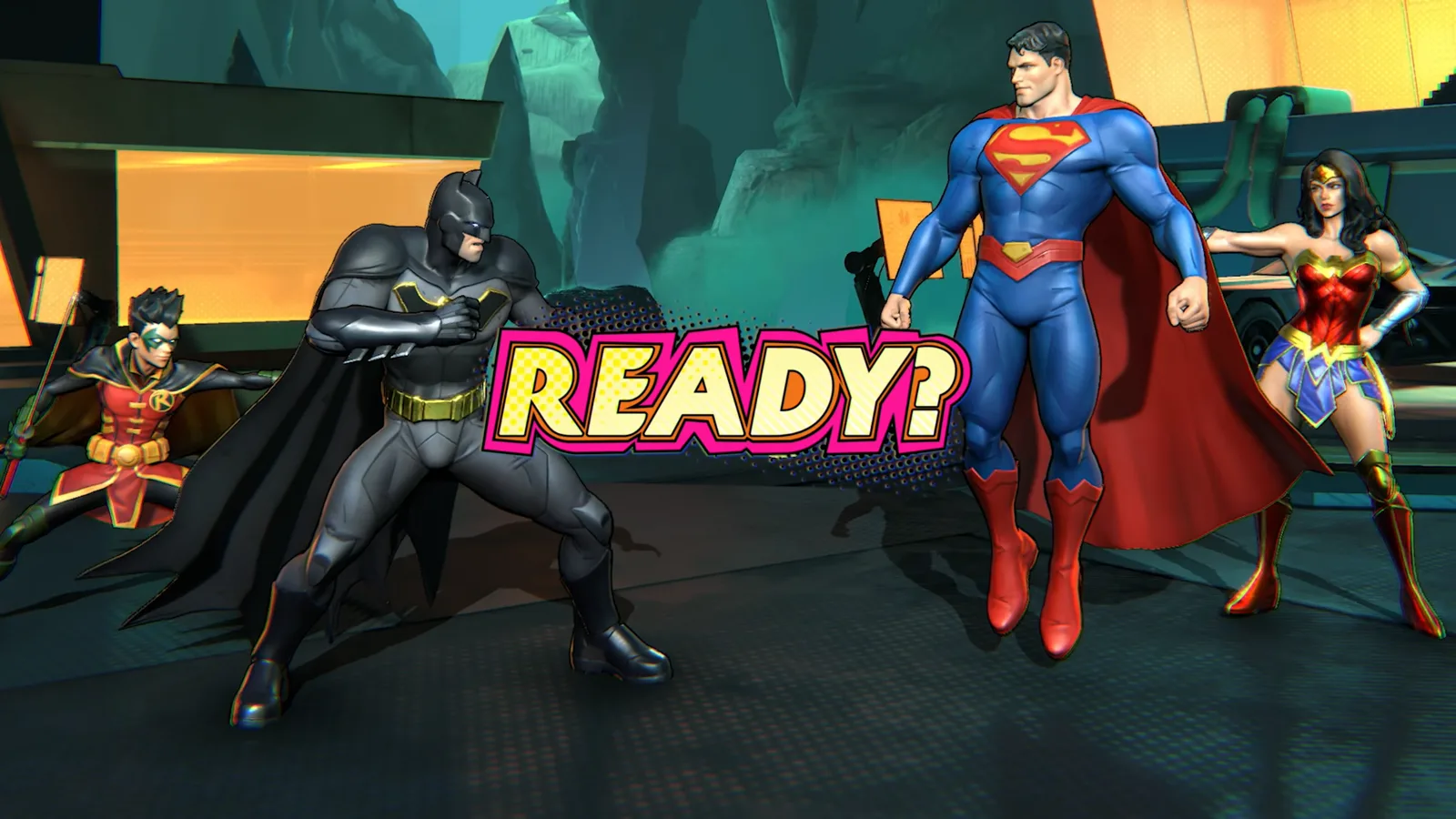 Batman en guardia frente a Superman con el rótulo READY?, mientras Robin y Wonder Woman esperan el relevo en una pelea 2v2 de DCKO