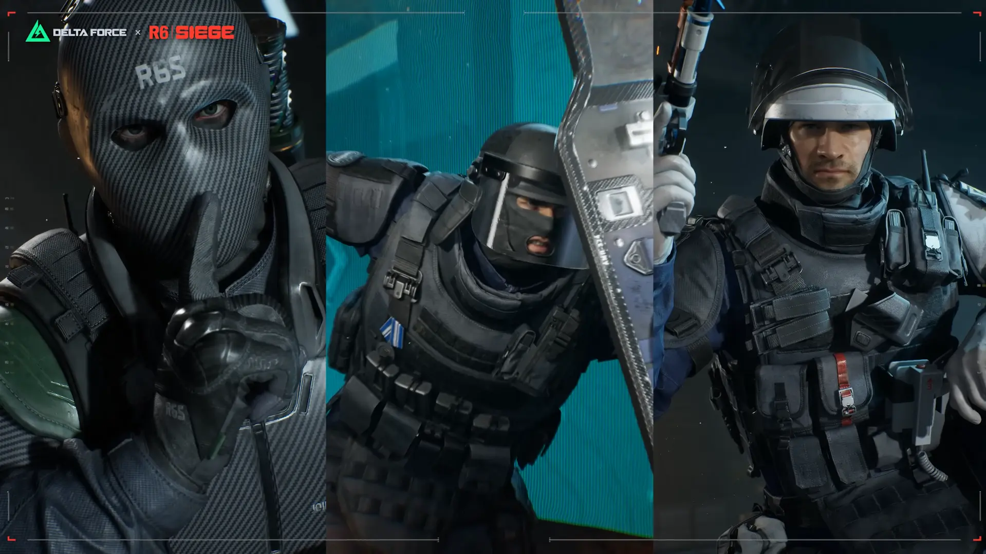 Las tres skins de operador del crossover Delta Force por Rainbow Six Siege mostrando máscaras, escudo y equipo característicos