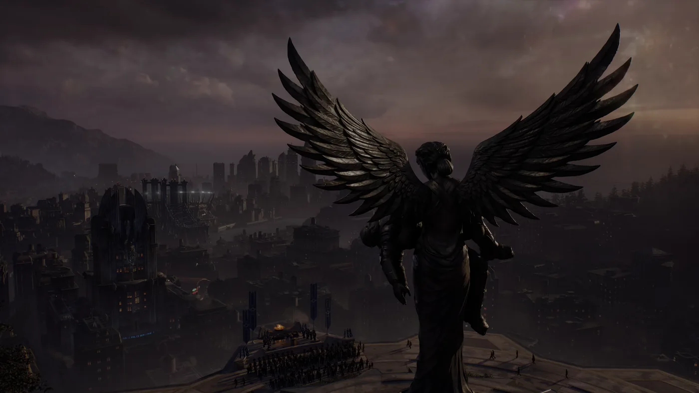 Estatua de un ángel de bronce con las alas extendidas recortada contra la ciudad en ruinas al atardecer en Gears of War: E-Day