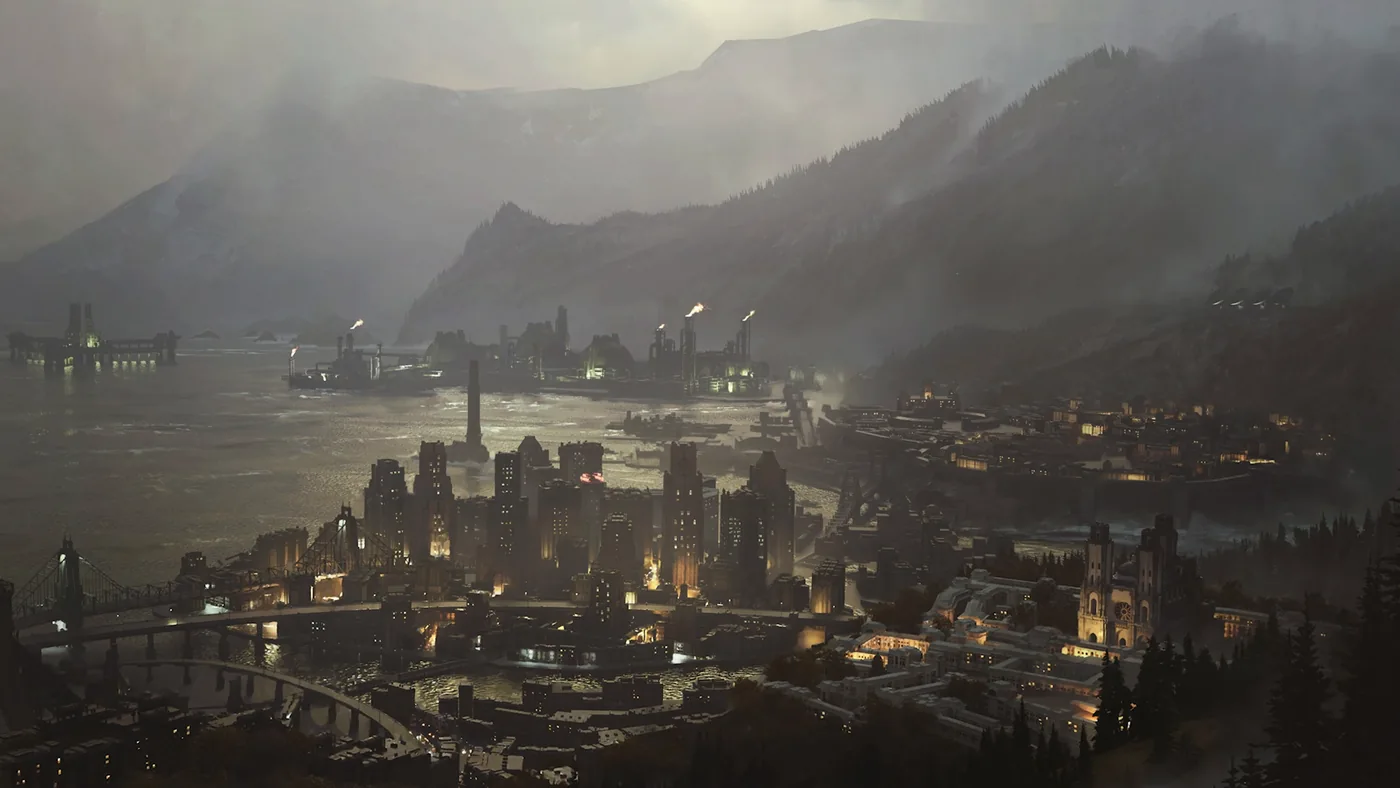 Vista panorámica de la ciudad de Kalona entre montañas y niebla al atardecer en Gears of War: E-Day