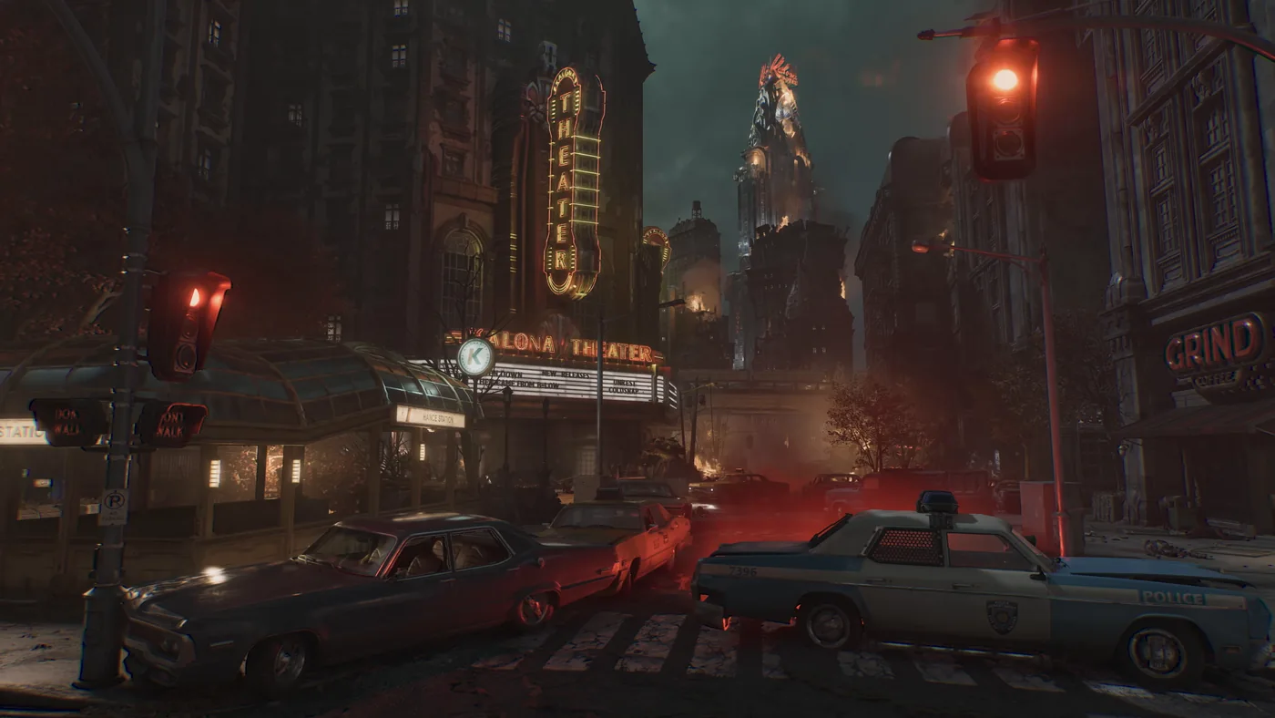 Avenida nocturna con letreros de neón, un teatro y coches abandonados bajo una luz roja en Gears of War: E-Day