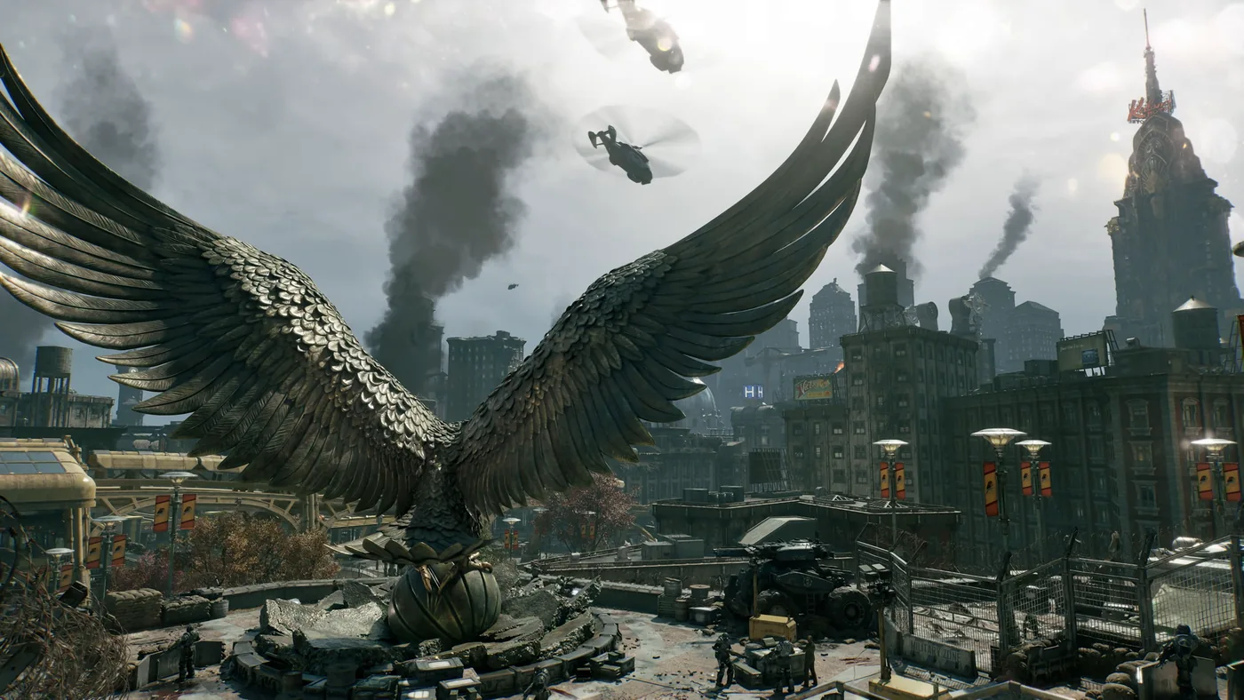 Estatua alada frente a una ciudad con columnas de humo y aeronaves sobrevolando los edificios en Gears of War: E-Day