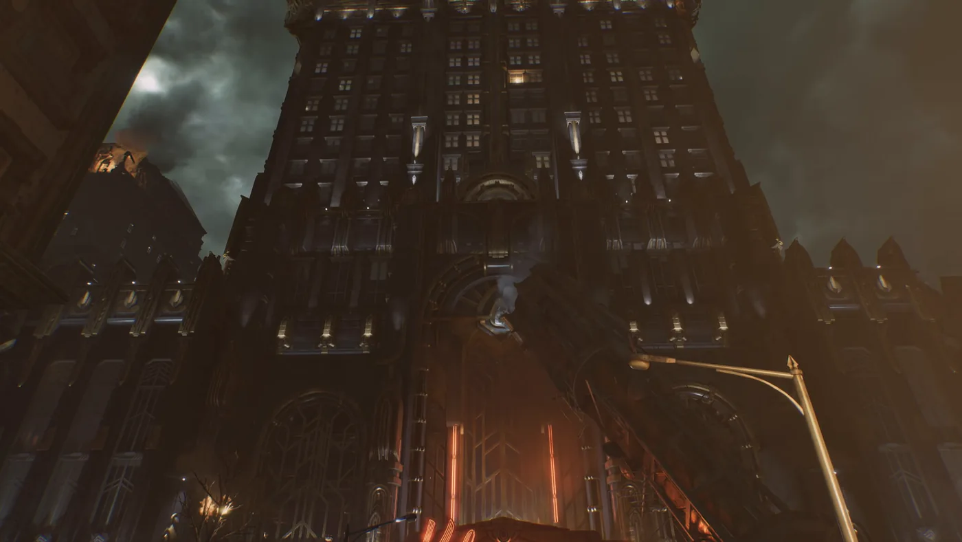 Torre gótica oscura con un resplandor rojo de imulsión en su base