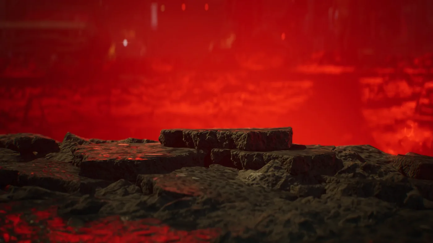 Paisaje rocoso bañado por completo en una luz roja intensa de imulsión