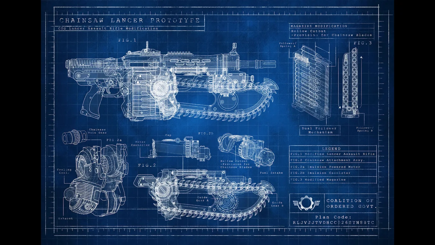 Plano técnico en azul del prototipo de la Lancer con motosierra, con despieces y anotaciones