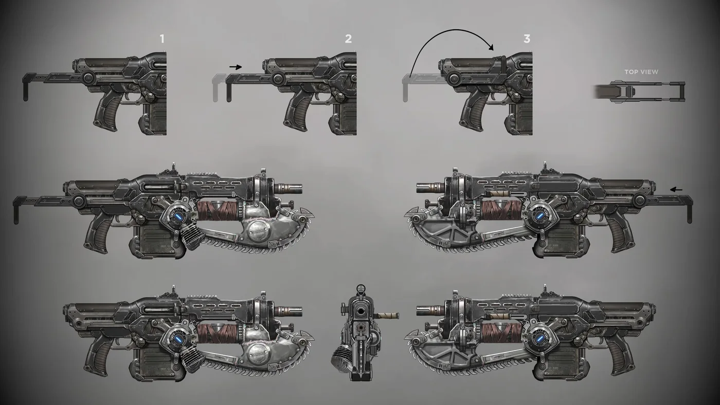 Hoja de diseño con varias versiones y despieces de armas de Gears of War: E-Day