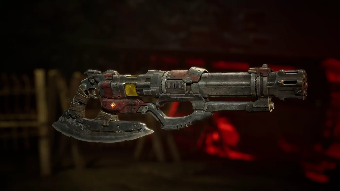 Arma pesada expuesta sobre un soporte bajo una iluminación roja en el Gears of War Direct