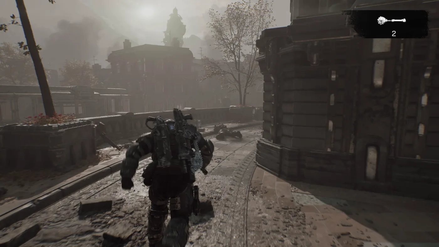 Escenario cubierto de niebla densa atravesada por luz en Gears of War: E-Day