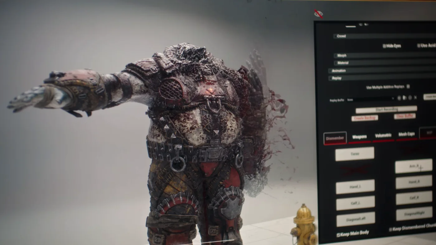 Modelo de personaje de Gears of War: E-Day abierto en una herramienta interna del estudio con su panel de ajustes