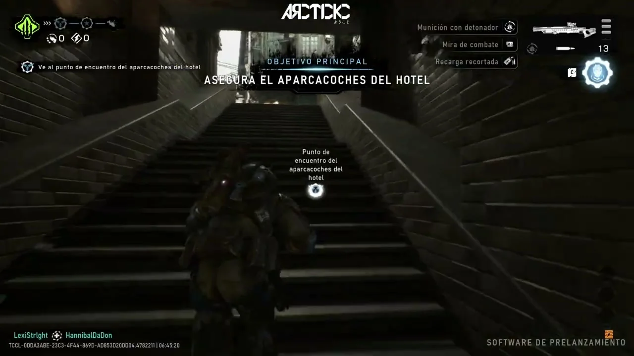 Un Gear sube unas escaleras hacia la calle mientras el objetivo principal indica que hay que asegurar el aparcacoches del hotel
