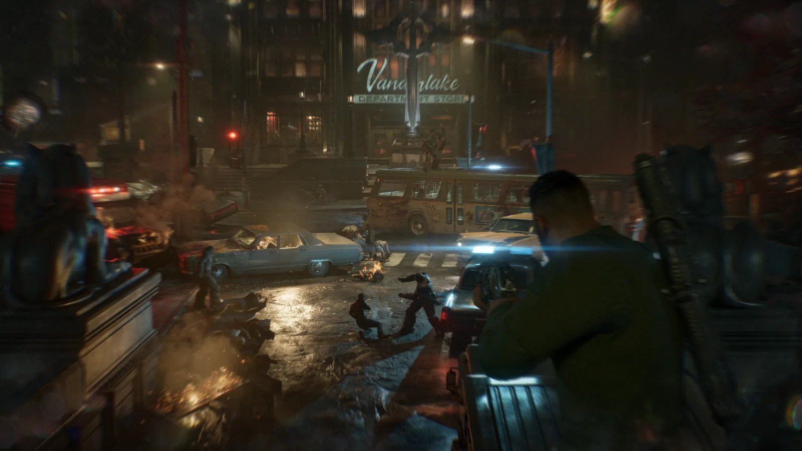 Civiles huyendo y Locust atacando frente a los grandes almacenes Vanderlake en una calle nocturna de Gears of War: E-Day