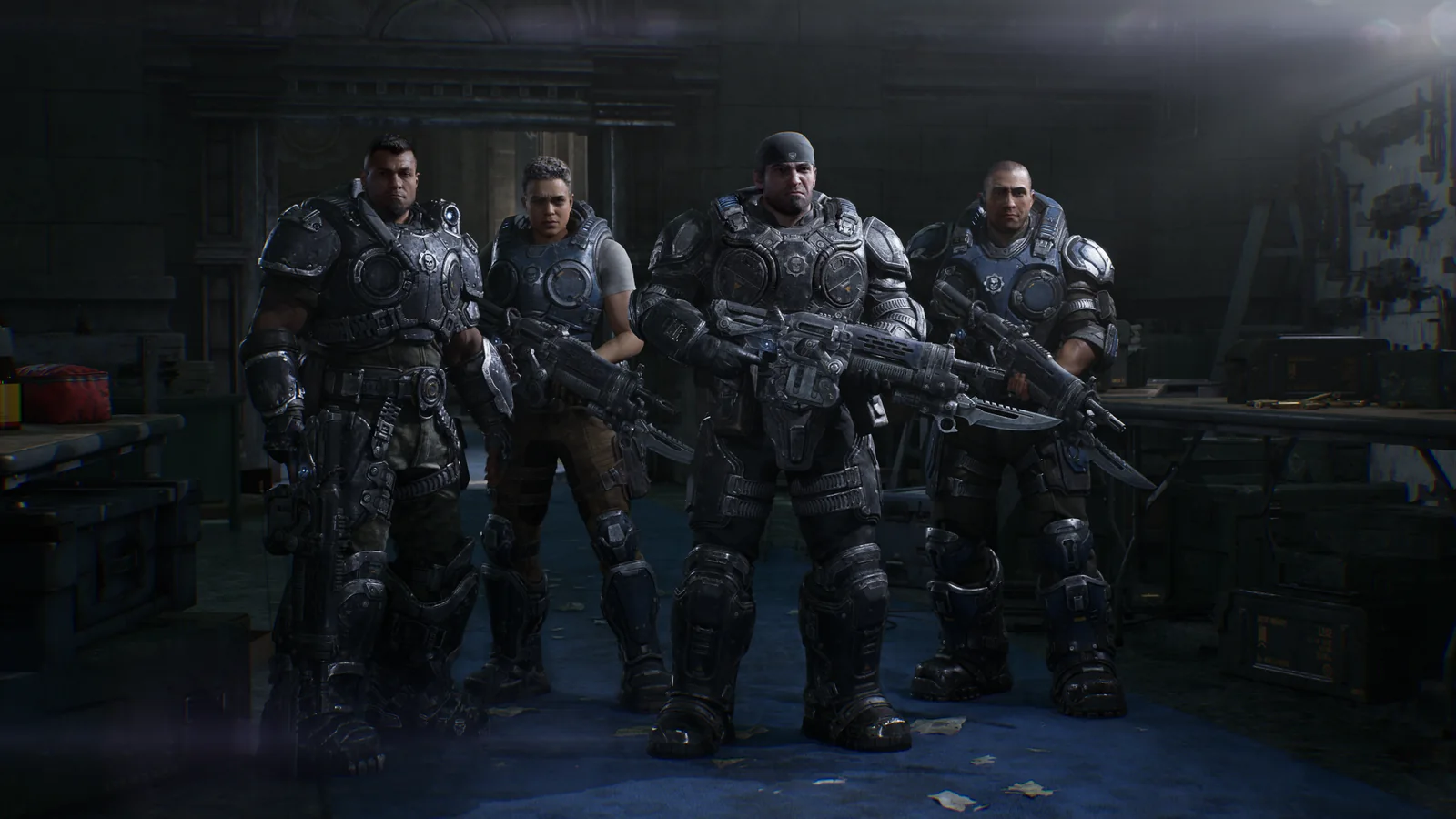 Los cuatro integrantes del Escuadrón Bravo de Gears of War: E-Day con su armadura COG y sus armas