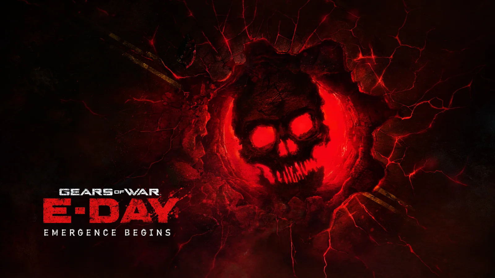 Arte oficial de Gears of War: E-Day con la calavera del Omen Carmesí ardiendo entre grietas de lava y el lema Emergence Begins