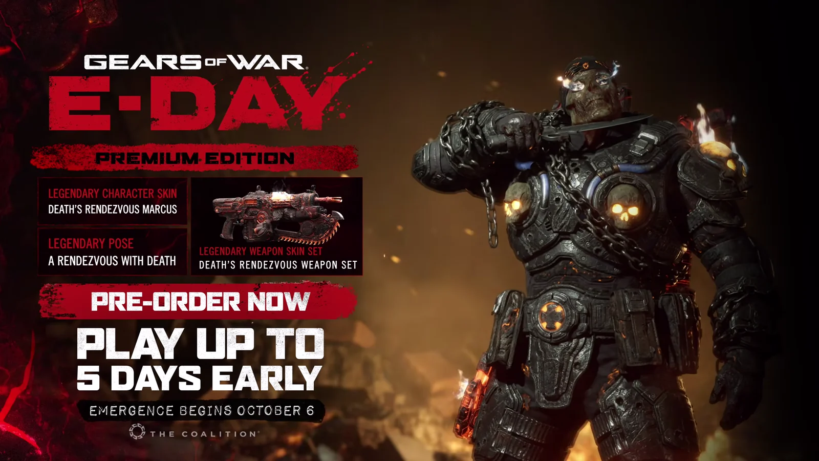 Tarjeta de la Edición Premium de Gears of War: E-Day detallando el aspecto legendario, la pose legendaria y el conjunto de armas Death's Rendezvous
