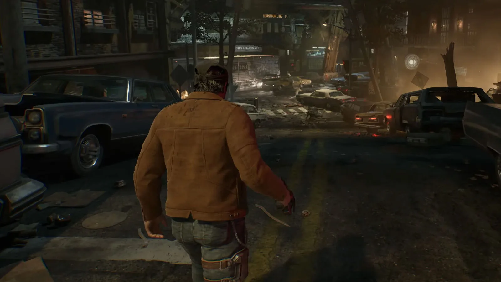 Marcus Fenix vestido de civil caminando por una calle destruida en Gears of War: E-Day