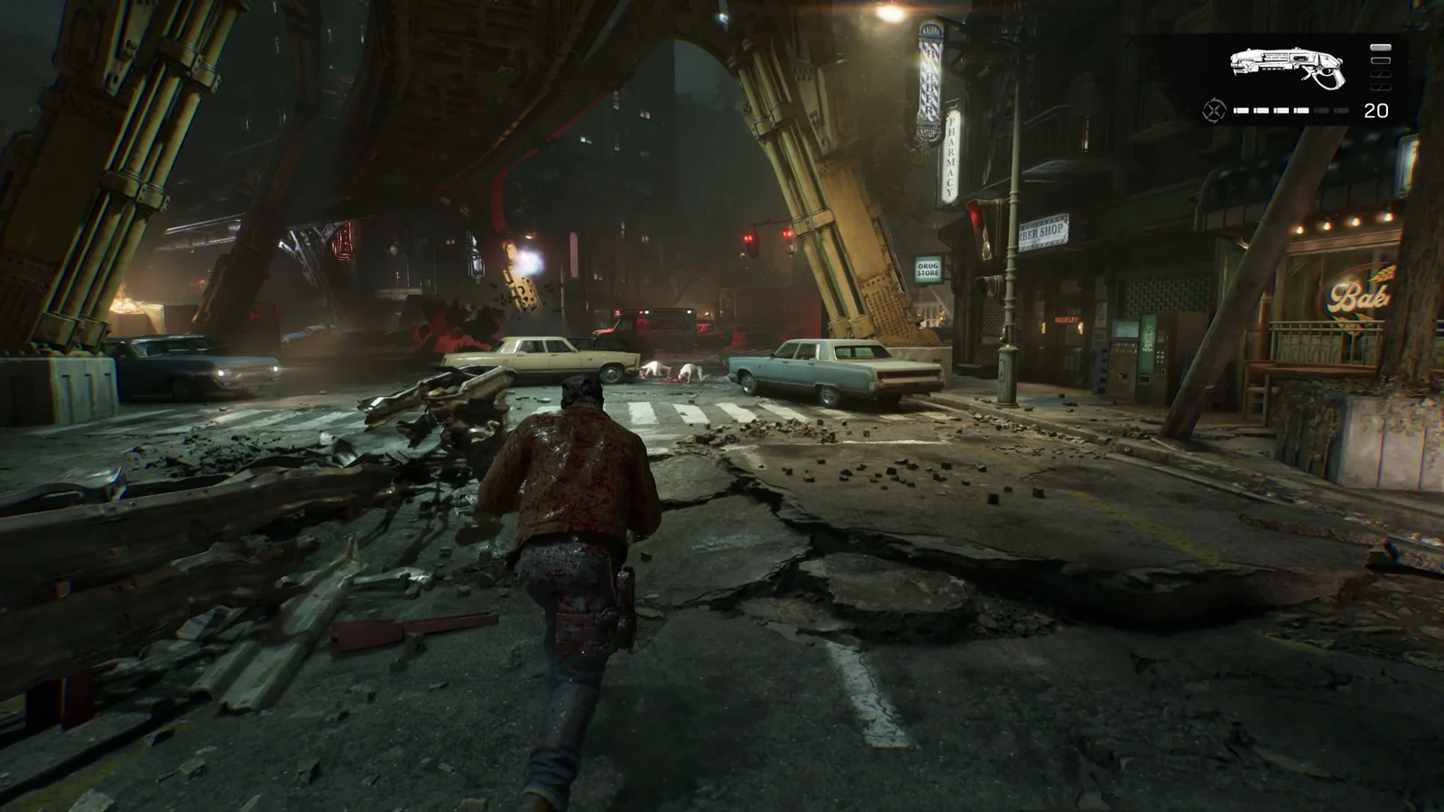 Calle de Kalona con el asfalto agrietado y grandes estructuras Locust atravesando la avenida sobre los comercios en Gears of War: E-Day