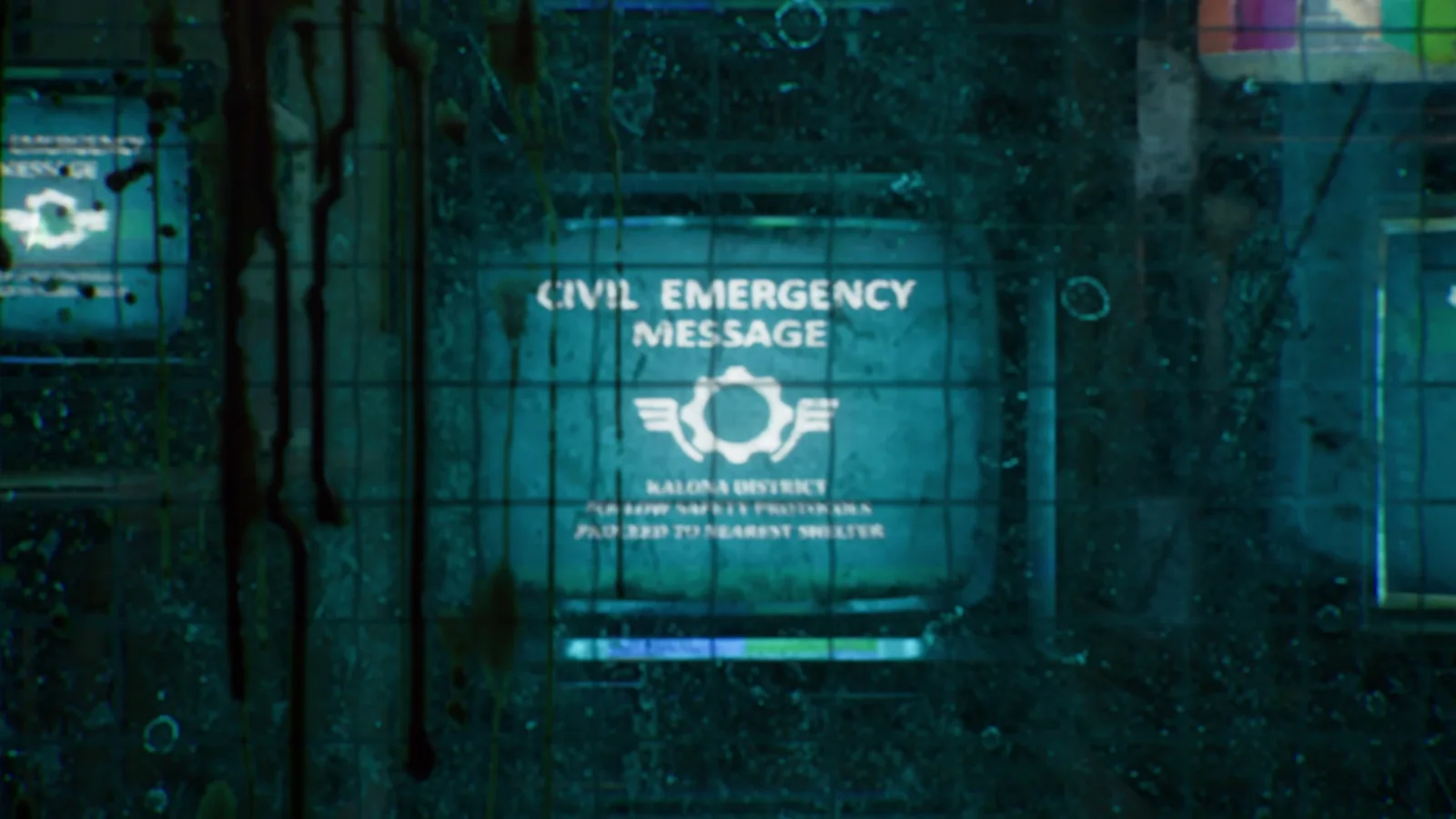Pantalla con interferencias mostrando un mensaje de emergencia civil de la COG al inicio de la demo de Gears of War: E-Day
