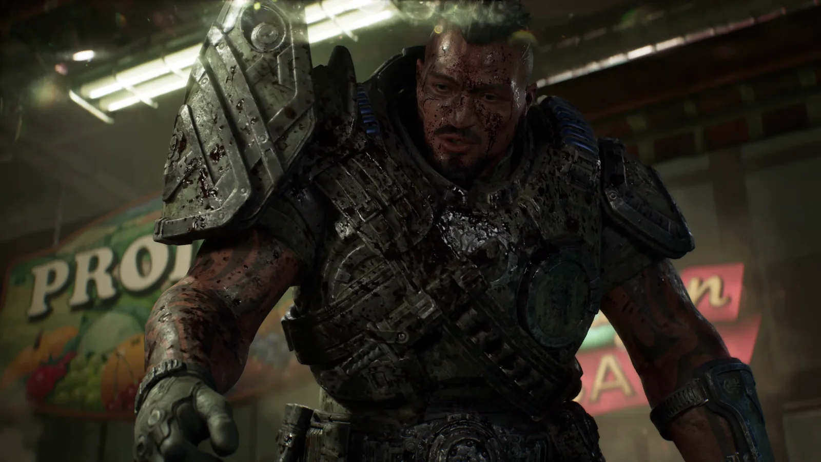 Soldado de la COG con armadura completa cubierto de sangre, de pie en el pasillo de frutas de un supermercado en Gears of War: E-Day