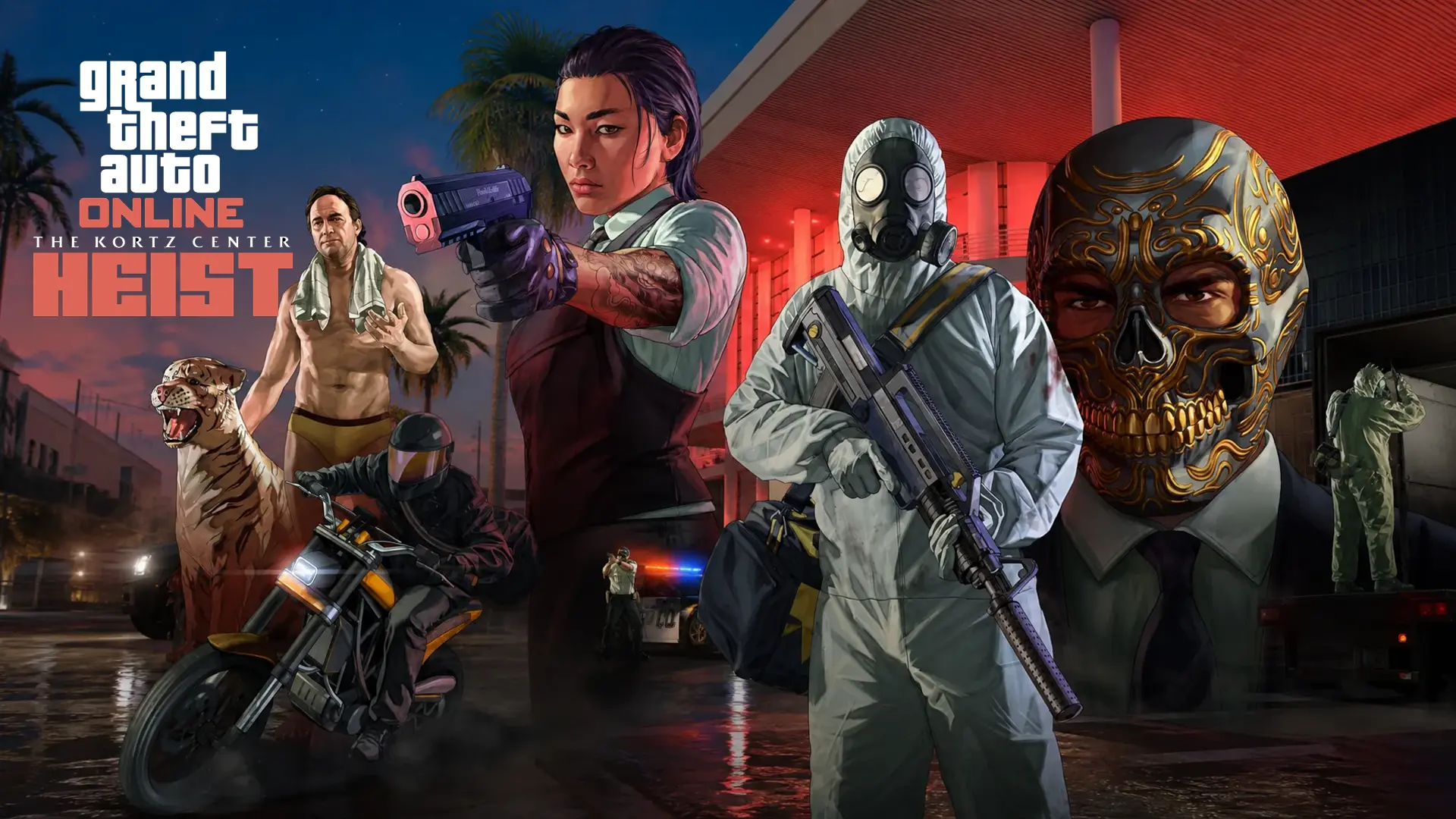 Arte oficial de GTA Online: The Kortz Center Heist con la banda, máscaras y un traje antinuclear