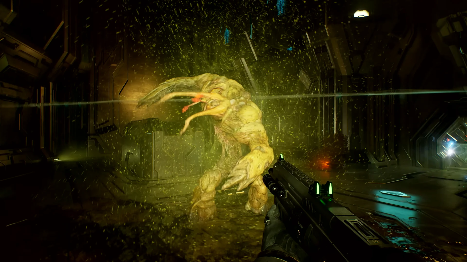 Una forma de combate del Flood avanzando entre una nube de esporas amarillas en un pasillo oscuro de Halo: Campaign Evolved
