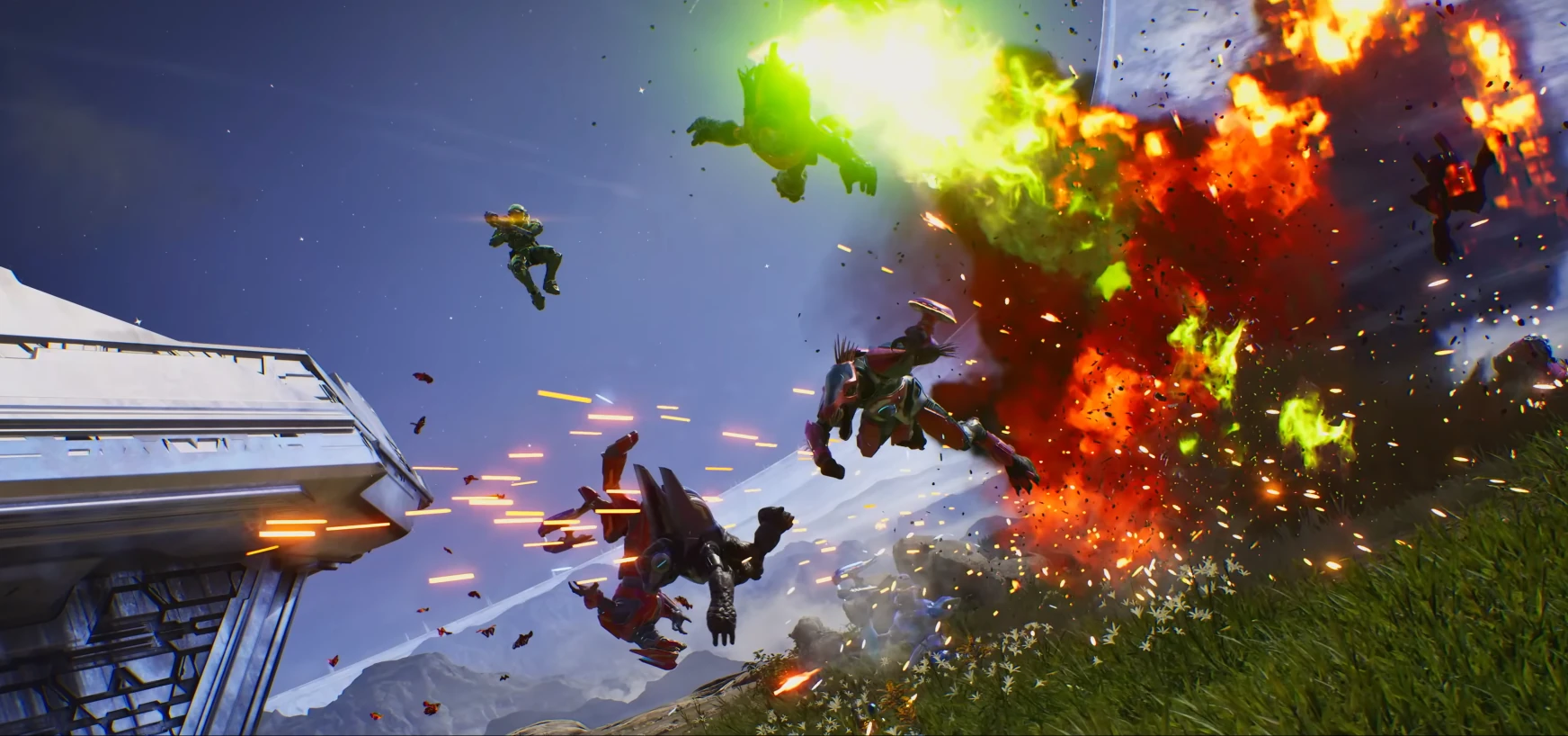 Explosión de plasma que lanza por los aires a varios enemigos Covenant en un acantilado de Halo: Campaign Evolved
