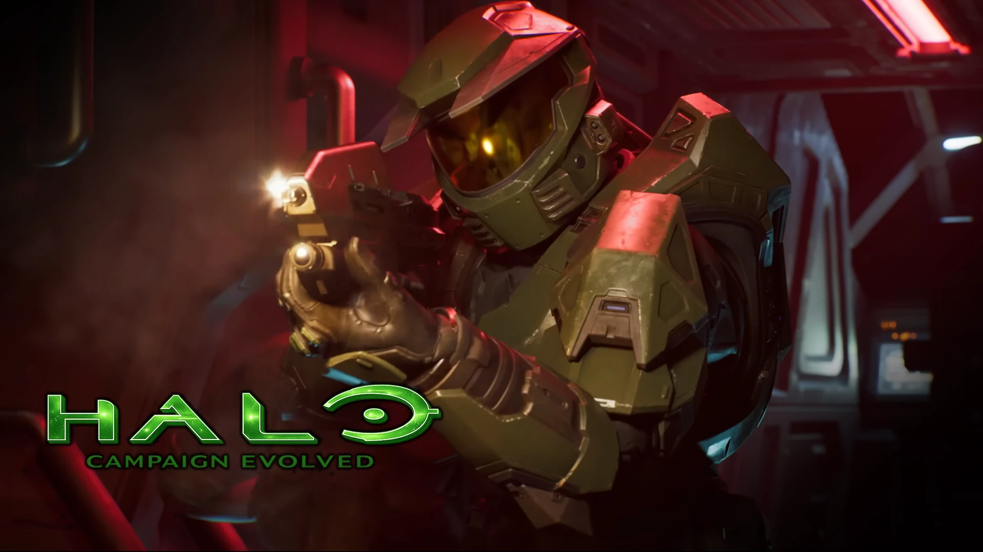 El Jefe Maestro apuntando con su pistola en un pasillo iluminado de rojo, con el logo de Halo: Campaign Evolved