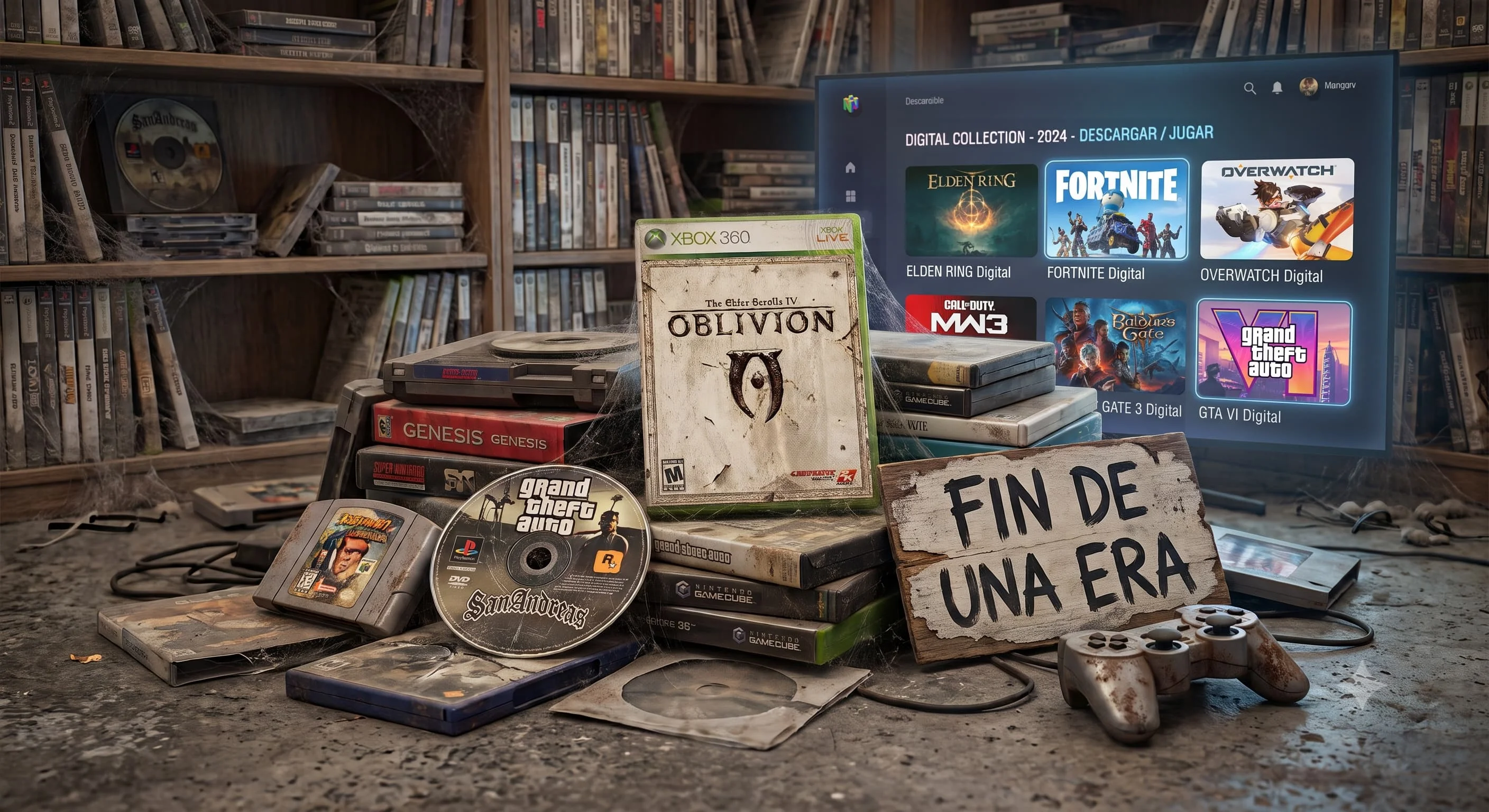 Colección de videojuegos físicos cubiertos de polvo frente a una pantalla de biblioteca digital, con un cartel que dice Fin de una Era