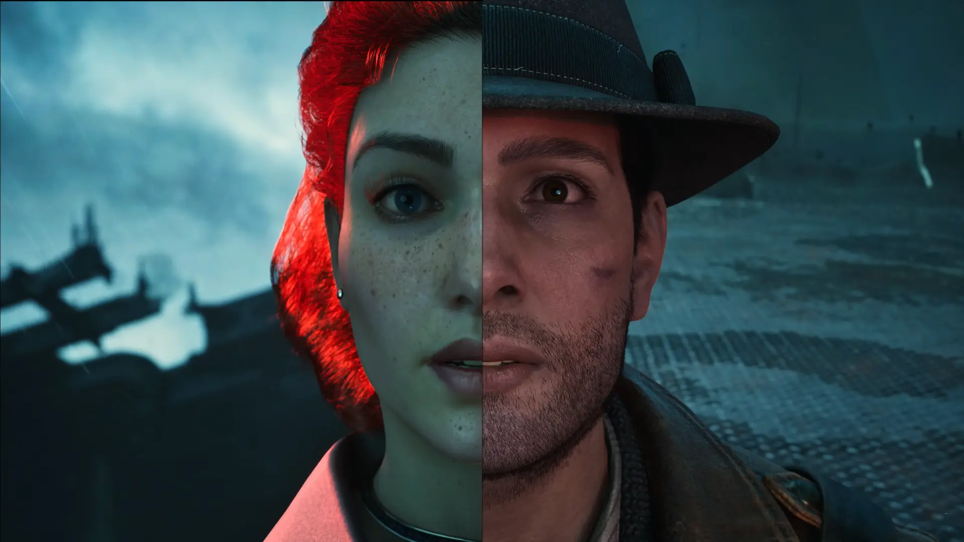 Portada de The Sinking City 2 con el rostro dividido de la nueva protagonista y el detective con sombrero