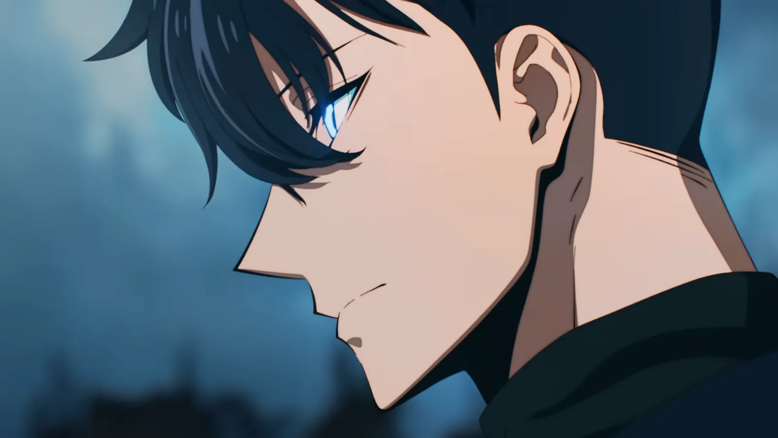 Perfil de Sung Jinwoo con el ojo brillando en azul en Solo Leveling: Beyond the System